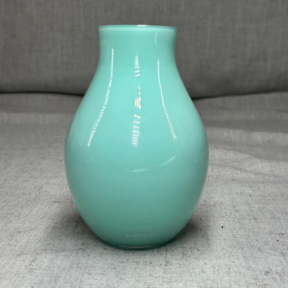 Carlo Moretti Murano Italy Turquoise Blue Orange Opaline Glass Vase MCM 5.25